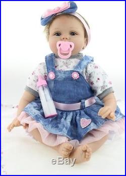 22inch Baby-reborn Girl Doll handmade Soft Silicone vinyl fashion Denim skirt