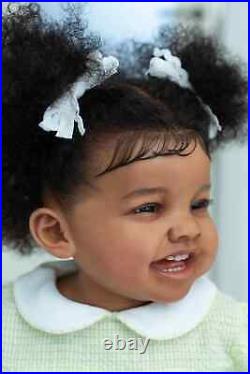 24inch Dark Brown Skin Reborn Toddler Girl Doll Happy Baby Rooted Hair African