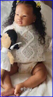 28in Realistic Reborn Baby Dolls Handmade Long Curly Hair Dark Skin Toddler Girl