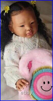 28in Realistic Reborn Baby Dolls Handmade Long Curly Hair Dark Skin Toddler Girl