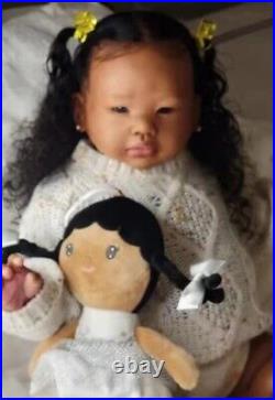 28in Realistic Reborn Baby Dolls Handmade Long Curly Hair Dark Skin Toddler Girl