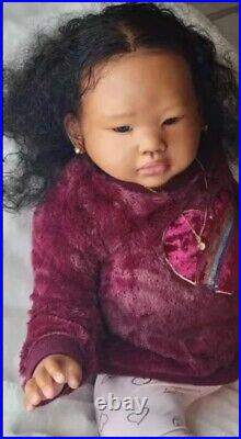 28in Realistic Reborn Baby Dolls Handmade Long Curly Hair Dark Skin Toddler Girl