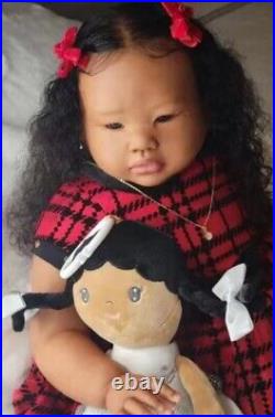 28in Reborn Baby Doll Hand-Rooted Long Hair Dark Skin Toddler Asian African Girl