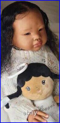 28in Reborn Baby Doll Hand-Rooted Long Hair Dark Skin Toddler Asian African Girl