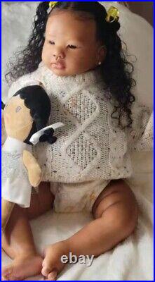 28in Reborn Baby Doll Hand-Rooted Long Hair Dark Skin Toddler Asian African Girl