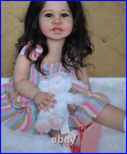 28inch Reborn Baby Doll Toddler Girl With Hand-Rooted Black Hair Soft Vinyl Gift