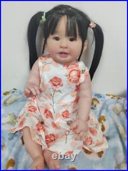 28inch Toddler Girl Reborn Baby Doll Hand-Rooted Black Hair Vinyl Kids Gift Toys