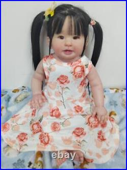 28inch Toddler Girl Reborn Baby Doll Hand-Rooted Black Hair Vinyl Kids Gift Toys