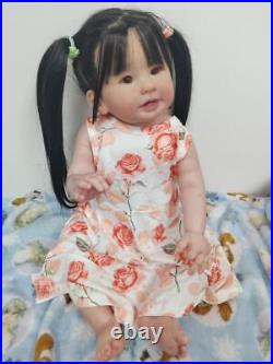 28inch Toddler Girl Reborn Baby Doll Hand-Rooted Black Hair Vinyl Kids Gift Toys