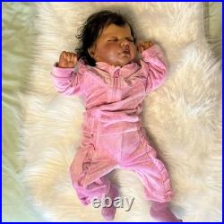 African American Medium Dark Reborn Girl Doll Curly Black Hair Pink Outfit