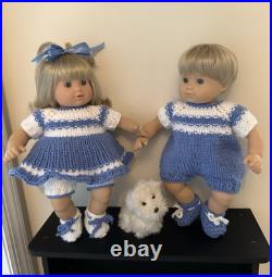 BITTY TWINS VINTAGE AG BLOND WithBLUE EYES TOTALLY RENEWED HAND-KNIT OUTFITS
