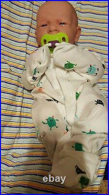 HANDSOME BABY BOY FIRST YAWN REBORN BOY DOLL 14 Preemie boy W PACI BOTTLE NEW