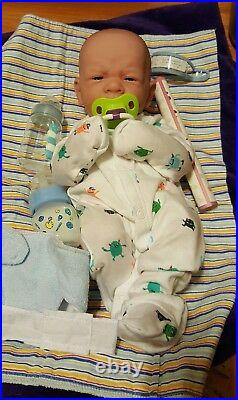 HANDSOME BABY BOY FIRST YAWN REBORN BOY DOLL 14 Preemie boy W PACI BOTTLE NEW