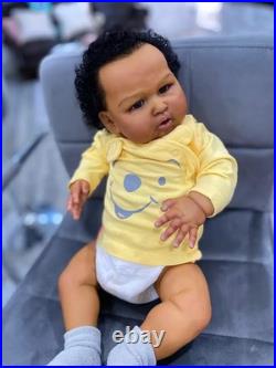 Lifelike 24Inch Weighted Reborn Baby Doll Brown Skin Boy Newborn Rooted Hair Toy