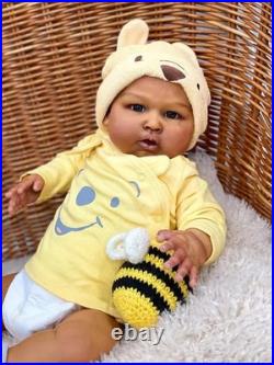 Lifelike 24Inch Weighted Reborn Baby Doll Brown Skin Boy Newborn Rooted Hair Toy
