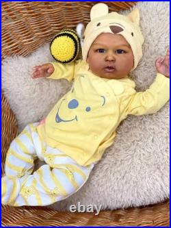 Lifelike 24Inch Weighted Reborn Baby Doll Brown Skin Boy Newborn Rooted Hair Toy
