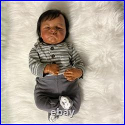 Medium Boy Baby Doll Black Straight Hair Gray Striped Outfit Animal Slippers