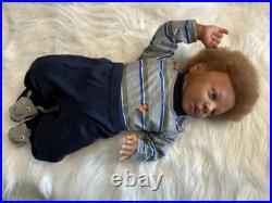 Medium Dark Baby Doll Curly Brown Hair Bear Overalls Brown Shoes Jamar