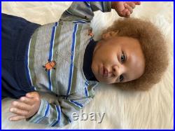 Medium Dark Baby Doll Curly Brown Hair Bear Overalls Brown Shoes Jamar
