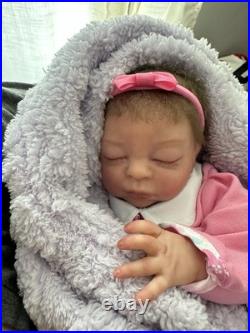 Ooak Reborn Baby Girl Doll, Teagan By BB, Rooted Brown Hair, Asleep, Weighted