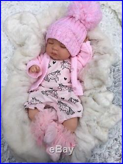 Reborn Baby Girl Doll Pink Unicorn Romper Soanish Pom Pom Hat M