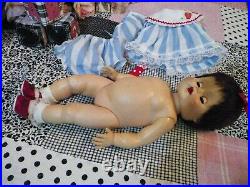 Vinyl 1950's Baby Doll 20 Dark Brown Hair Large Green Eyes 3 Piece Outfit CUTIE